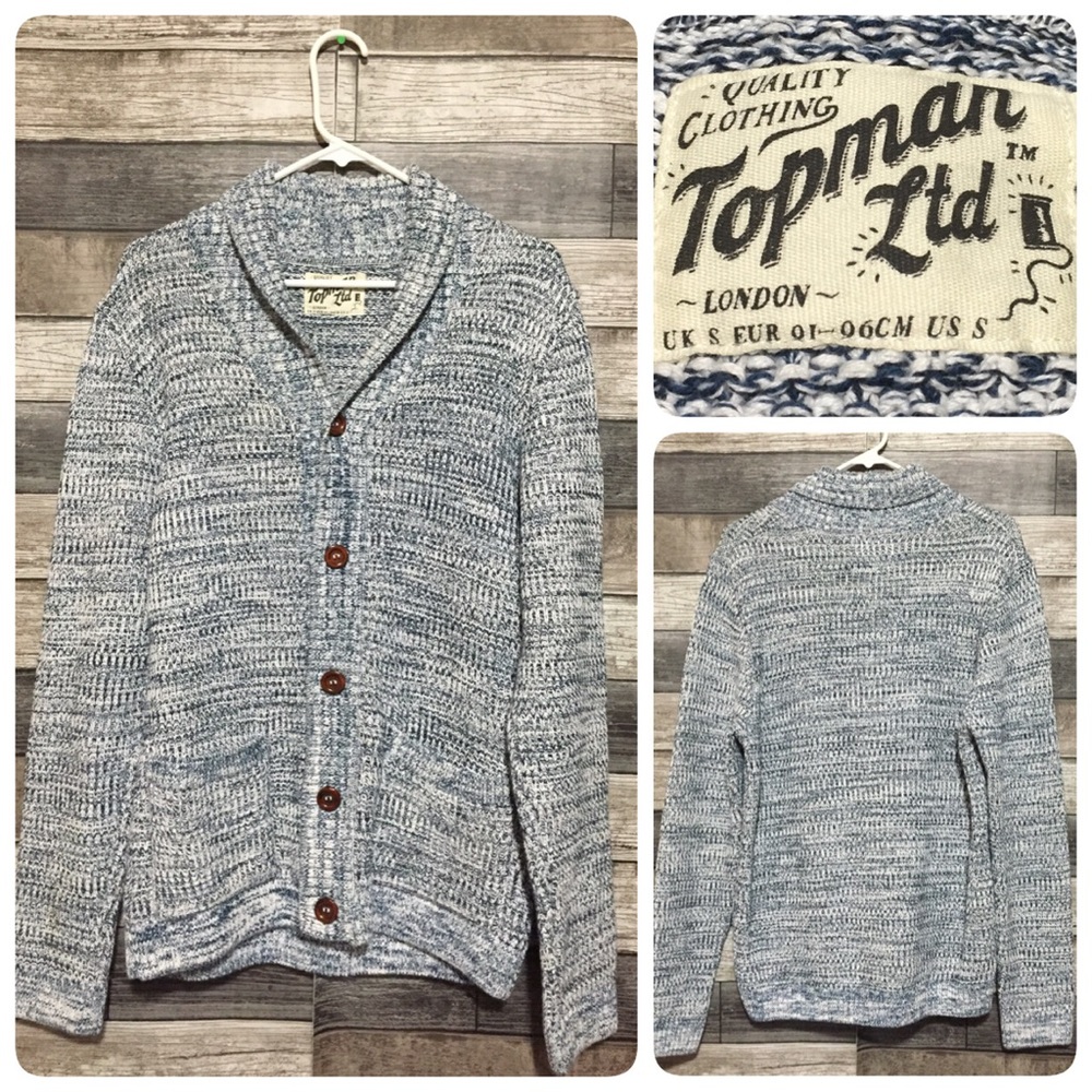 Topman Shawl Collar Cardigan Sweater Men’s S White Blue Heavyweight Cotton